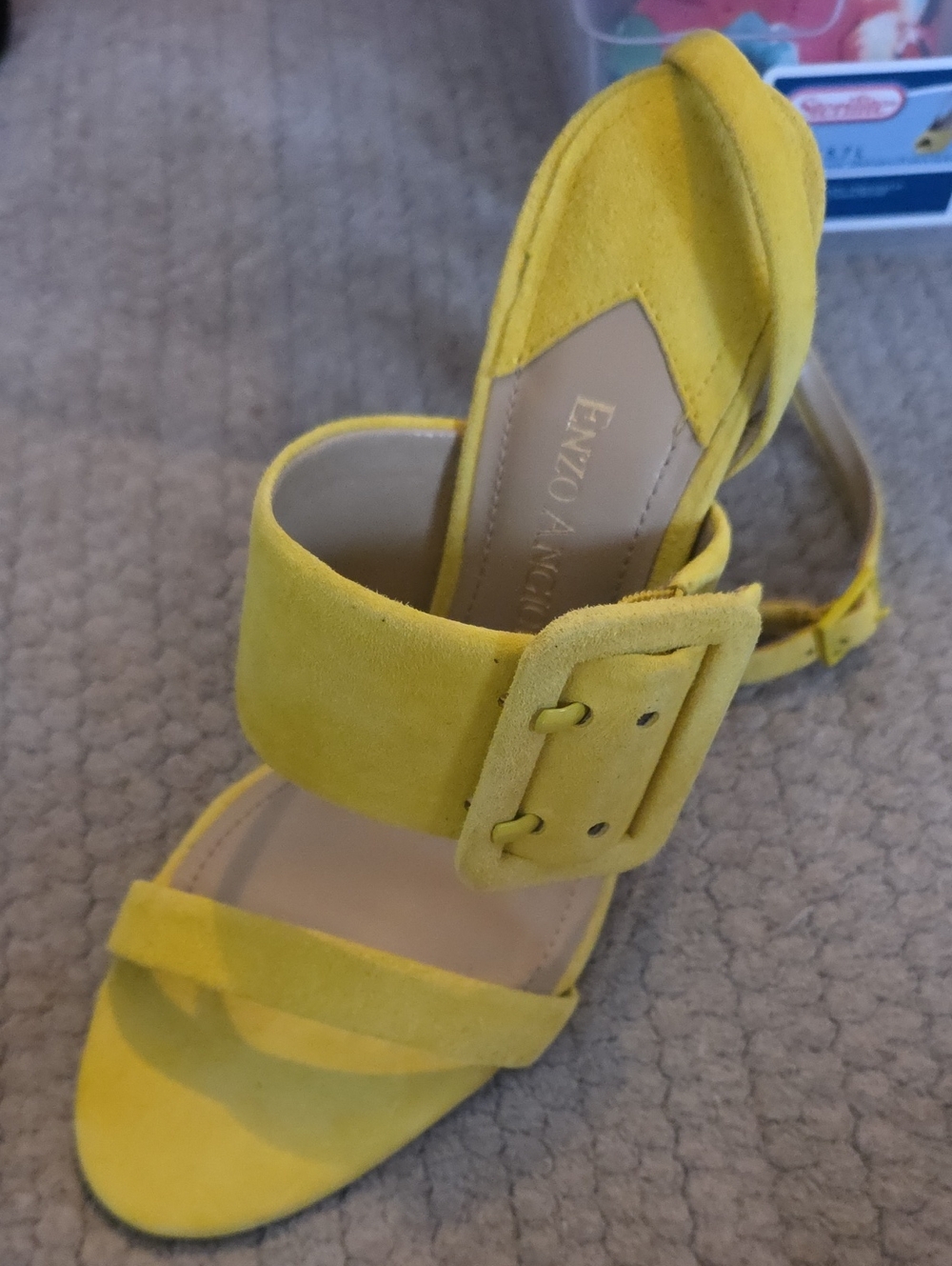 Enzo Angiolini Yellow Suede Buckle Block Heel Sandals